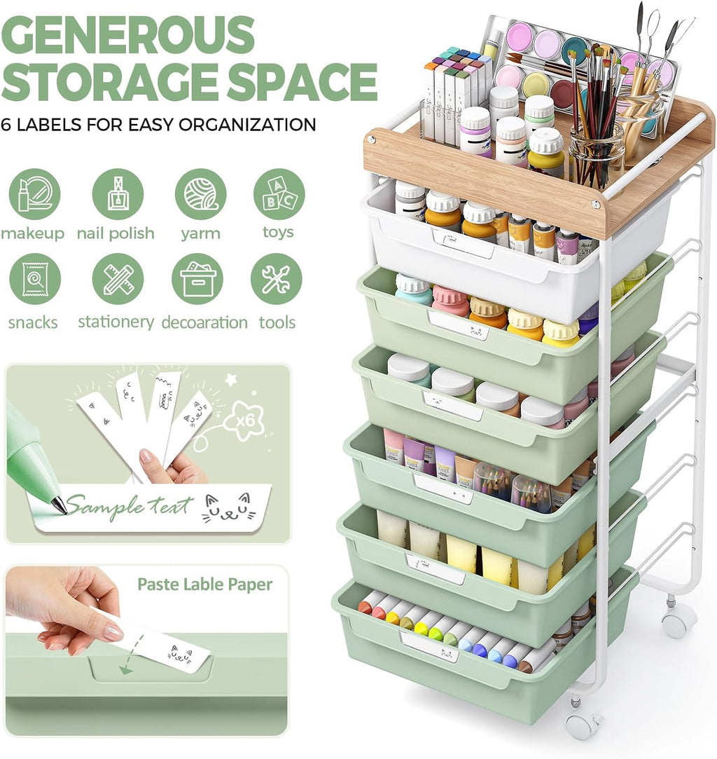 APEXCHASER Rolling Craft Storage Cart with 6 Drawers, Art Cart,Green | Utility Cart with Wooden Top, for Craft Room, Kids Art Station, Sewing Storage, Space-Saving for Home Office & Bedroom
