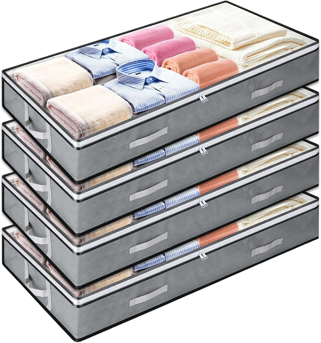 4 Pack 5.5 Inches High Under Bed Storage Containers, Low Profile Under Bed Storage Containers, Foldable Underbed Bag Stackable Closet Organizers for Blankets Clothing Comforter Wrapping Paper