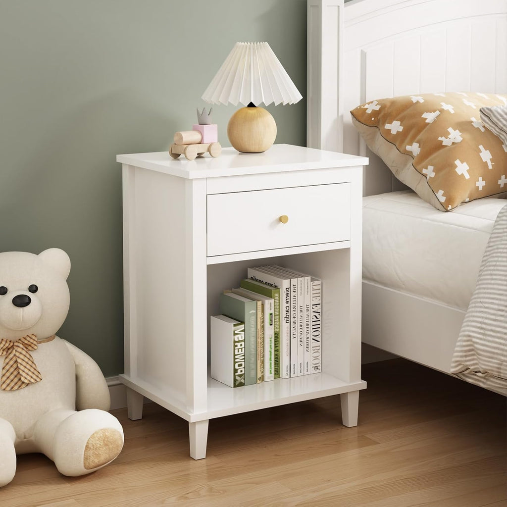 Kids' Nightstands with One Drawer, Toddler Night Stand for Bedroom Living Room, Nightstand for Kids Room Functional Girl End Table Storage Night Stand for Girls Bedroom, Easy Assembly(White)