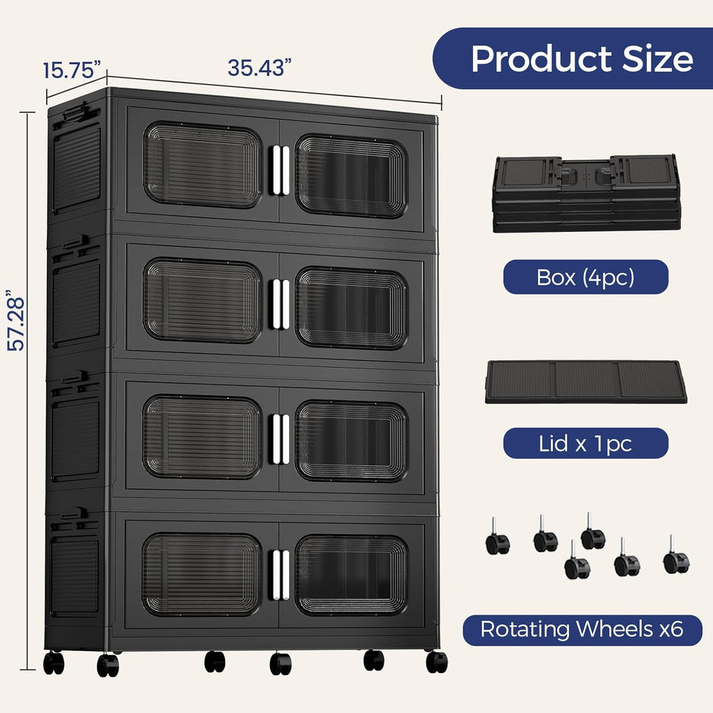 200 Gallon Extra Large Storage Bin with Lid and Wheels, Stackable Collapsible Plastic Storage Box with Door, Foldable Organizer for Closet, Kitchen, Office, Living Room, 4 Pack Black