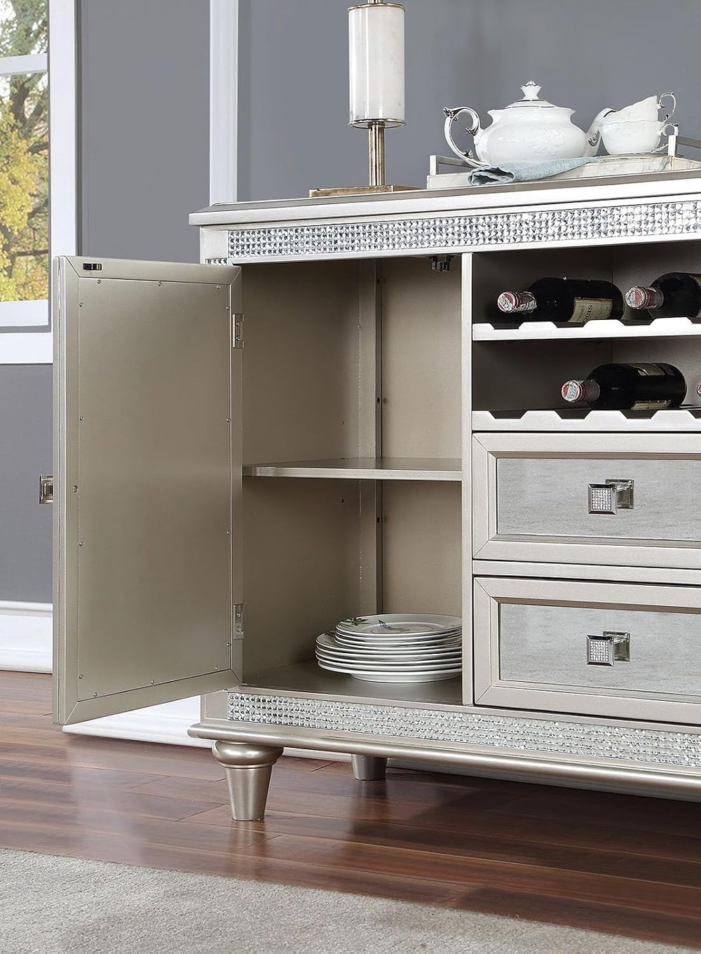 Contemporary Silver Server with Mirror Tile Accents, Mirror, Solid Wood | Mir...