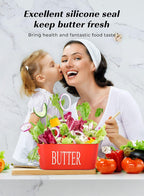 Butter Dish with Lid: Large Butter Container for Countertop - Ceramic Butter Holder for Counter - Butter Tray Butter Keeper with Knife and Sponge Scrubber - Perfect for 2 Sticks of Butter Red