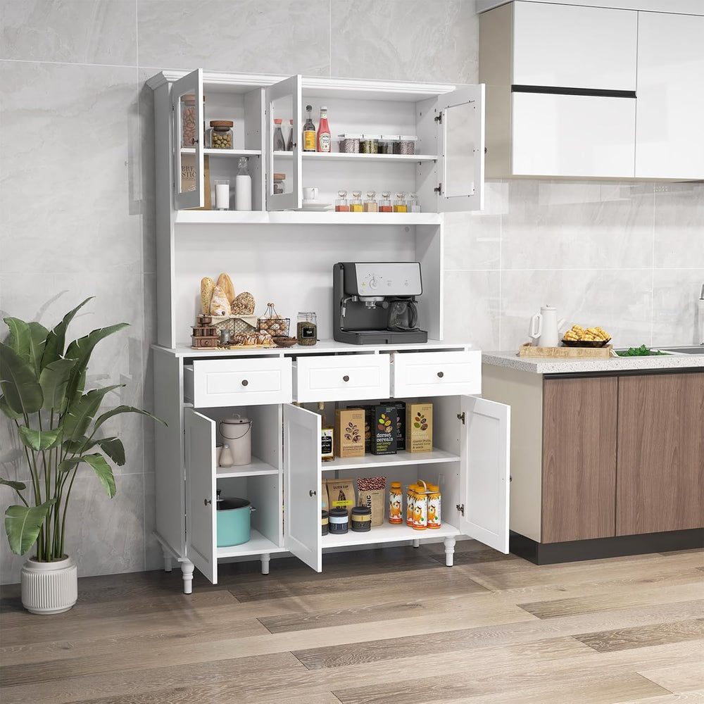 77" Large Kitchen Hutch with Charging Station, LED Pantry Cabinet with M...