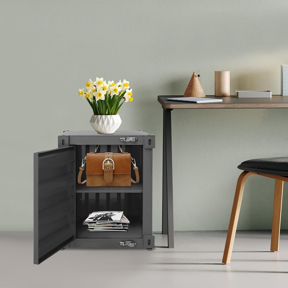 Industrial Side Table with Lock, Shipping Container Design Metal End Table, S...