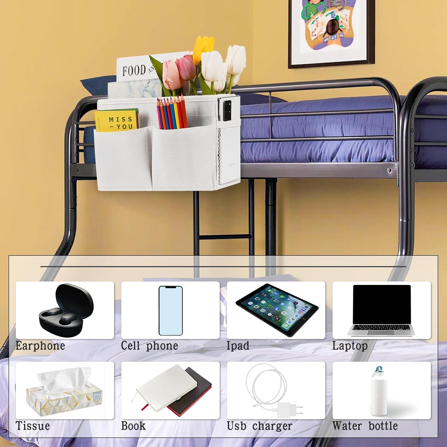 Bedside Caddy White Bedside Hanging Storage Basket Bed Caddy for Headboards Bunk Dorm Rooms Crib Beds Rails Organizer (White)
