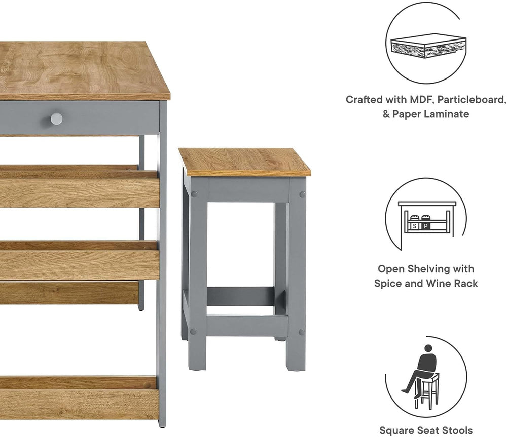 Modway Galley 3-Piece Small Kitchen Island Set with Seating and Storage in Oa...