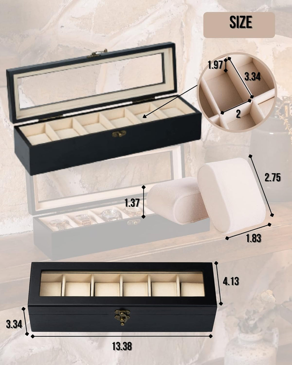 Watch Box, Watch Case for Men Women with Large Glass Lid, Wooden Watch Display Storage Box with 6 - Slots, Charcoal Black Mens Watch Box Organizer
