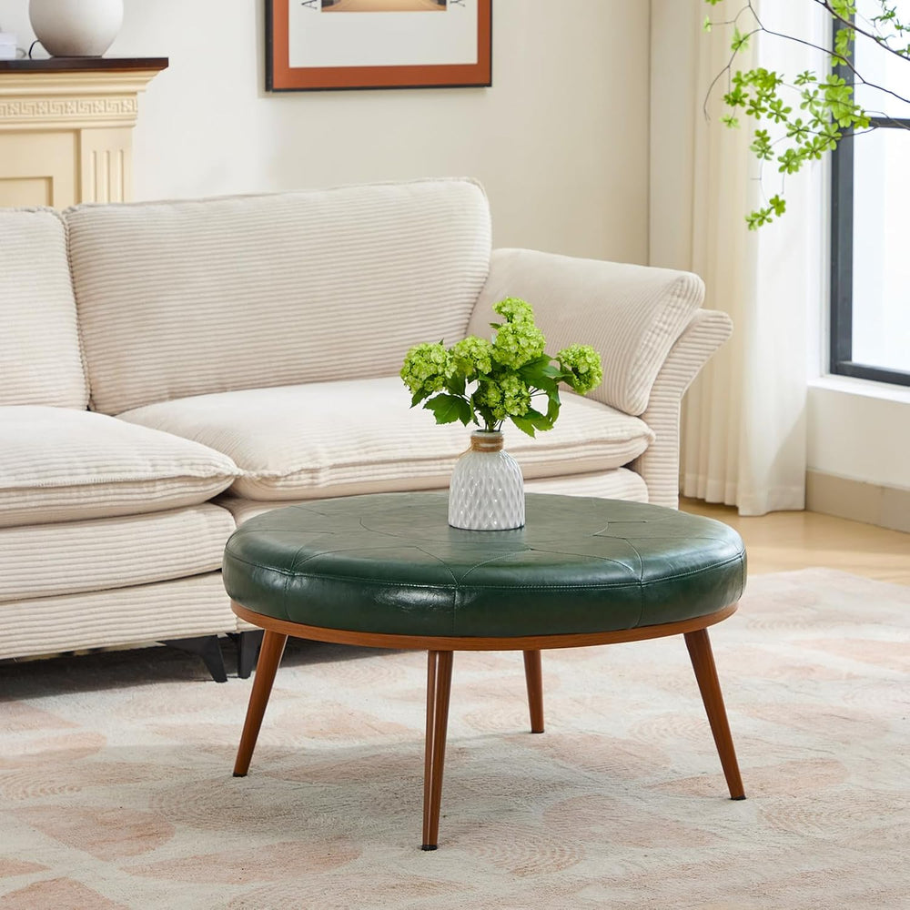 Round Ottoman, Large Faux Leather Footstool and Coffee Table, Cushioned Backl...