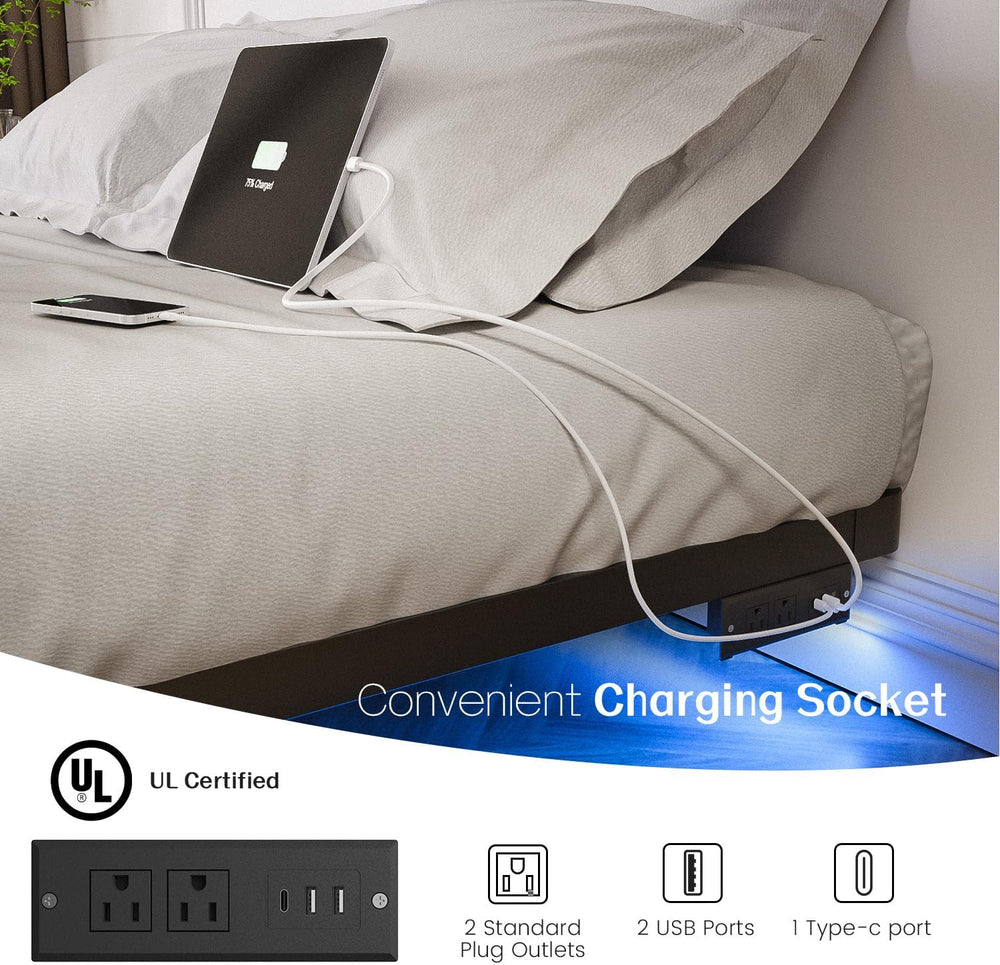 OLEVS King Size Floating Bed Frame Metal with LED Light & Charging Station