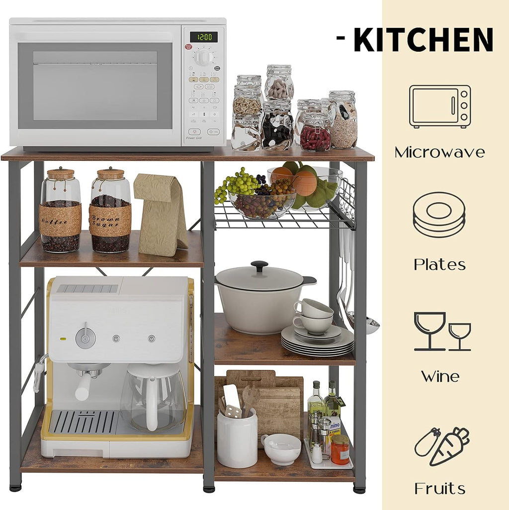 DlandHome Kitchen Bakers Rack with Storage Stand for Kitchen, Industrial Kitchen Baker's Rack, 35.4 inches Microwave Oven Stand, 3-Tier+4-Tier Utility Storage Shelf with Hooks and Basket Rustic Brown