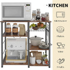 DlandHome Kitchen Bakers Rack with Storage Stand for Kitchen, Industrial Kitchen Baker's Rack, 35.4 inches Microwave Oven Stand, 3-Tier+4-Tier Utility Storage Shelf with Hooks and Basket Rustic Brown
