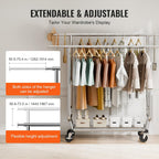 VEVOR Clothes Rack, Rolling Clothing Garment Rack, Extendable Carbon Steel Clothing Racks with Wheels for Bedroom, Laundry, Living Room