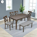 Dining Table Set, 6-Piece Modern Rectangular Dining Table & Chair Set with 4 Upholstered X-Shaped Backrest Chairs and a Bench, Walnut