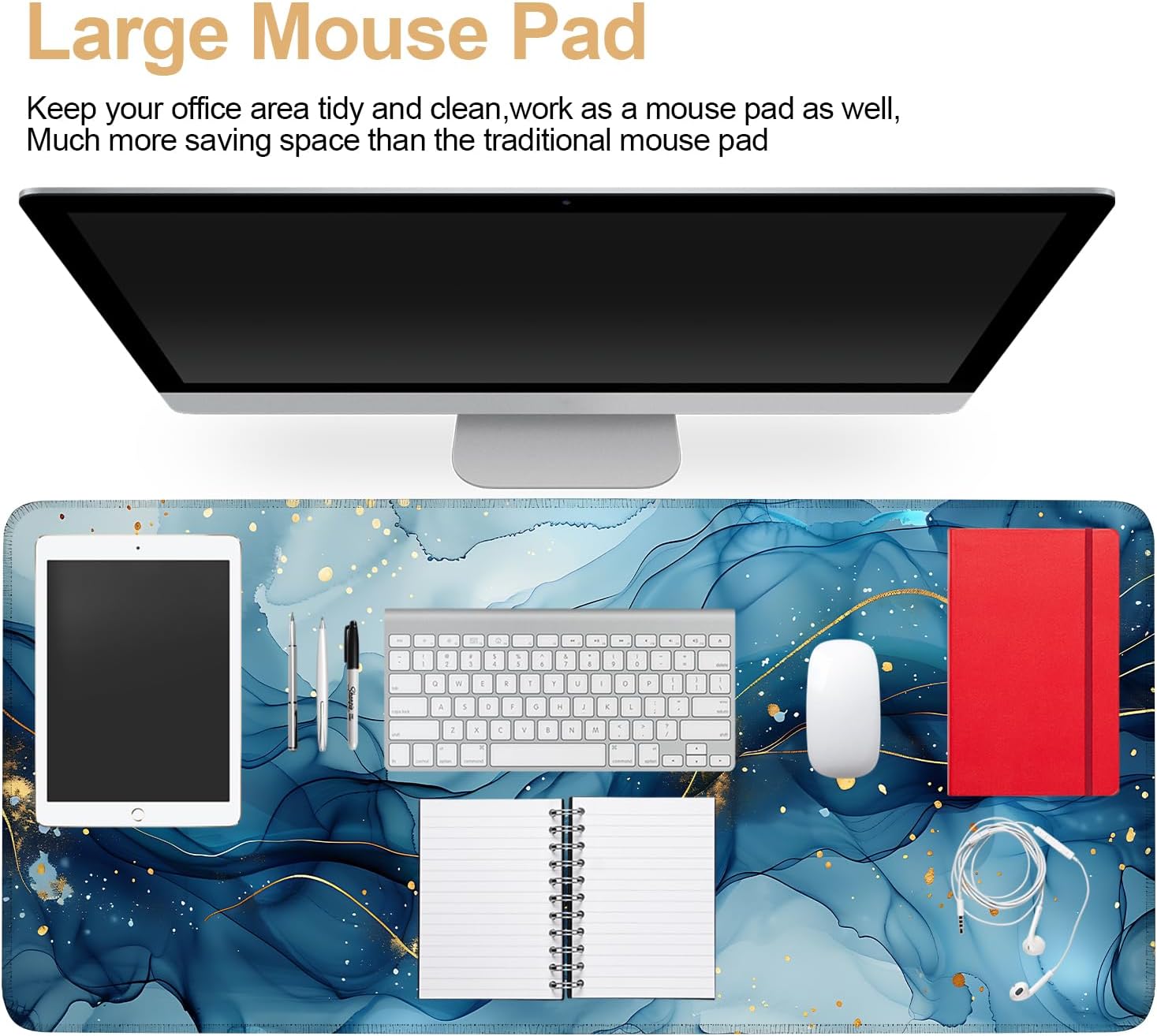 Large Mouse Pad, Blue Abstract Marble Desk Mat, Extended Gaming Mouse Pad with Non-Slip Rubber Base, Thick 3mm Smooth Surface Keyboard Mat for Office & Home,35.5 x 15.8 in