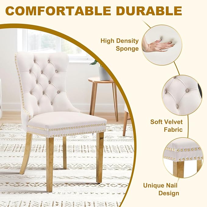 51 Inch Glass Dining Table Set for 4, Rectangular Glass Kitchen Table with 4 Upholstered Velvet Accent Chairs, 5 Piece Modern Dining Room Set, for Home, Apartment, Small Spaces - Beige Gold