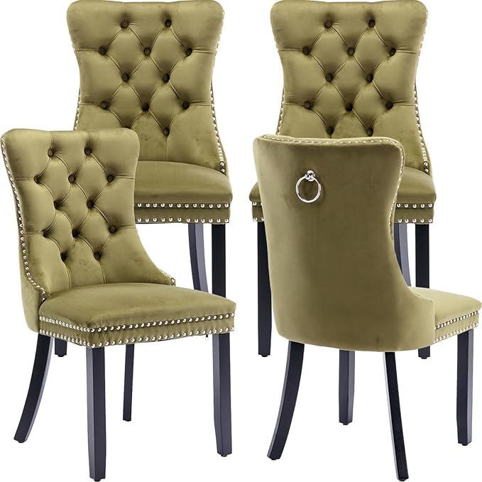 Modern Dining Chairs Set of 4, Tufted Upholstered Dining Chair with Solid Wood Legs, Olive Green Velvet Accent Chair, Sillas de Comedor, 4 Dining Chairs (Olive Green, Velvet, 4Pcs)