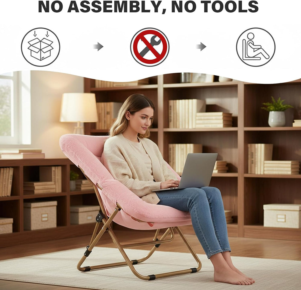 Tiita Comfy Folding Saucer Chair for Adults, Moon Chair, Pink | Soft Faux Fur...