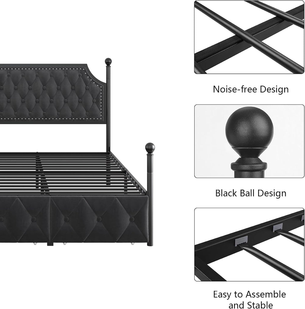Keyluv King Upholstered Canopy Bed Frame with 3 Storage Drawers & Button ...