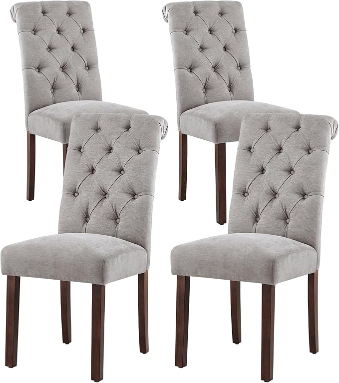 Tufted Dining Chairs Set of 4, Upholstered Parsons Dining Room Chairs, Fabric Kitchen Side Chair with Wood Legs, Light Grey