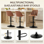 COLAMY Bar Stools Set of 4, Modern Swivel Bar Chairs, Adjustable PU Leather Upholstered Barstools Counter Height with Full Backrest for Bar, Dining Room, Kitchen Island, Brown
