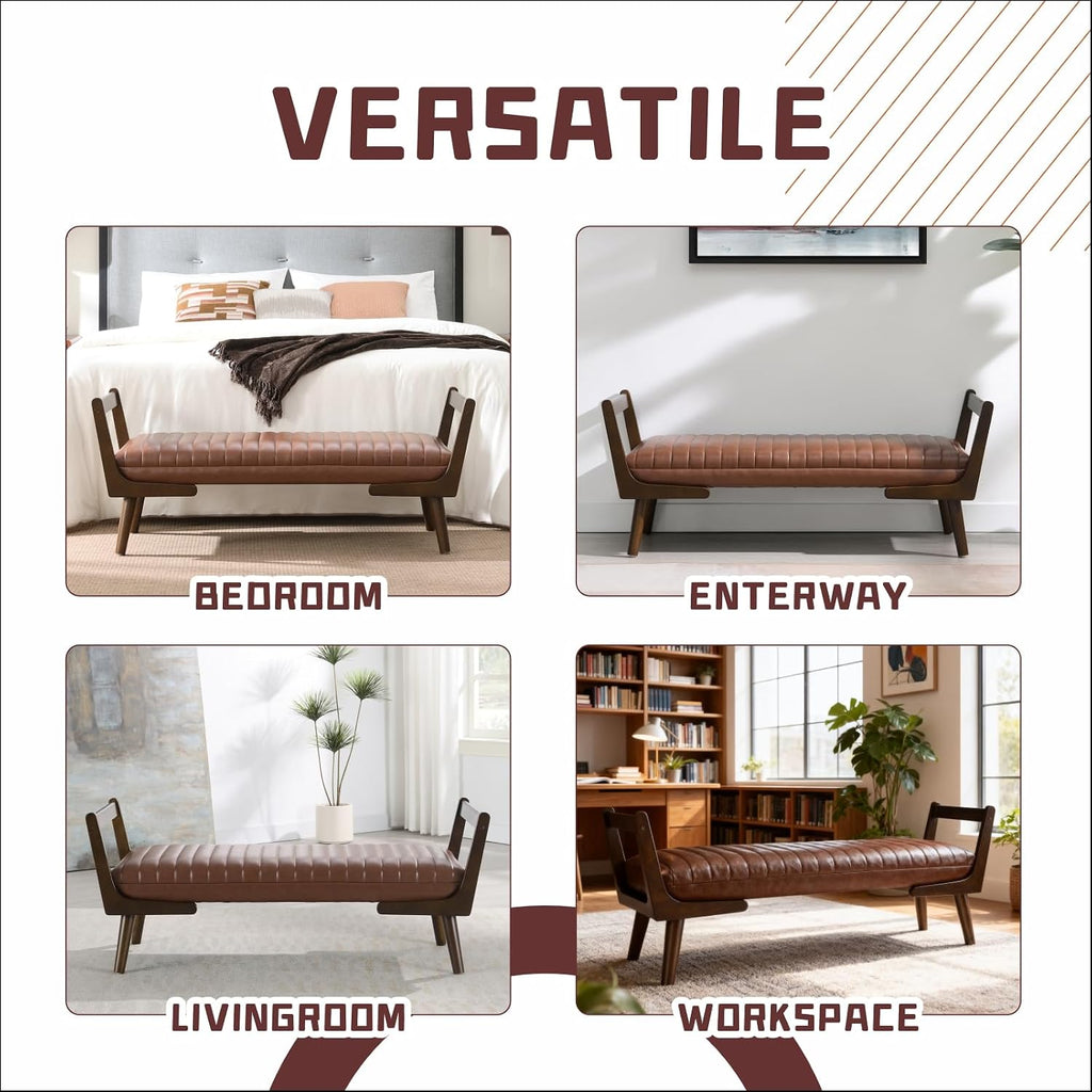 52" Upholstered Bench, Brown Faux Leather, Walnut Legs | Mid-century modern ottoman with high-resilience foam, sturdy wood frame. Ideal for bedroom end of bed, entryway, living room