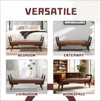 52" Upholstered Bench, Brown Faux Leather, Walnut Legs | Mid-century modern ottoman with high-resilience foam, sturdy wood frame. Ideal for bedroom end of bed, entryway, living room