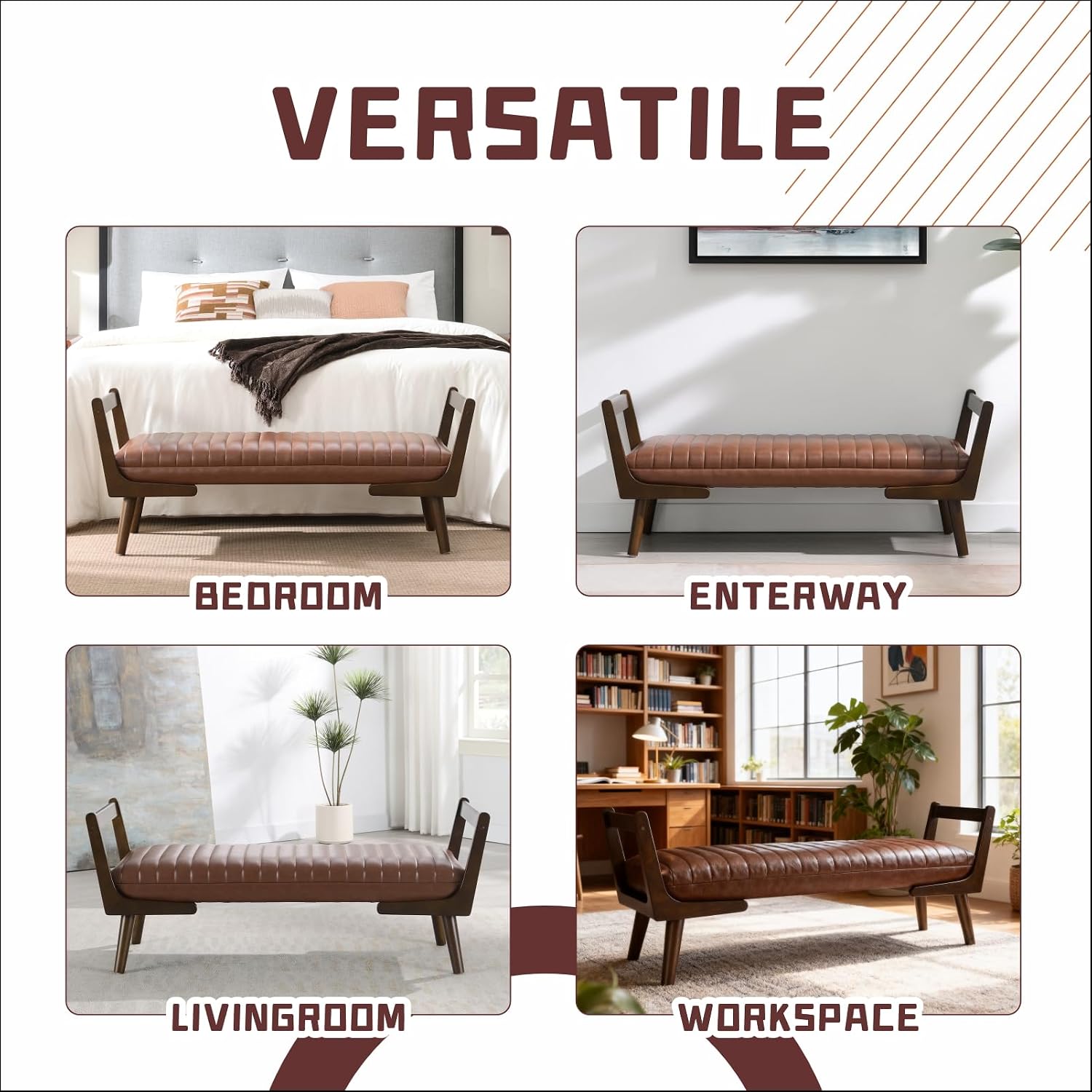52" Upholstered Bench, Brown Faux Leather, Walnut Legs | Mid-century modern ottoman with high-resilience foam, sturdy wood frame. Ideal for bedroom end of bed, entryway, living room