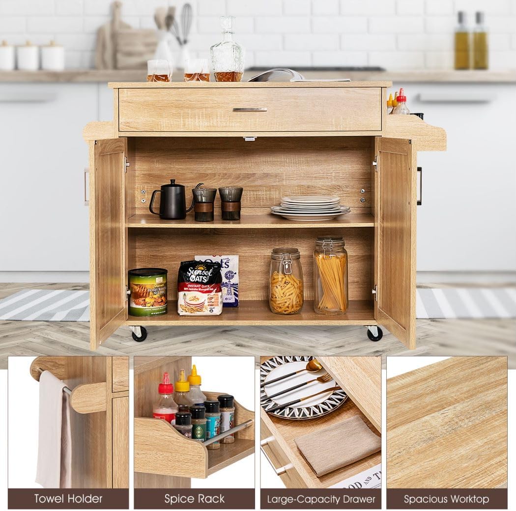 TANGZON Kitchen Island on Wheels, Rolling Storage Trolley with Large Cabinet, Drawer, Adjustable Shelf, Wood Worktop, Spice & Towel Rack, Utility Serving Cart for Dining Living Room (Natural)