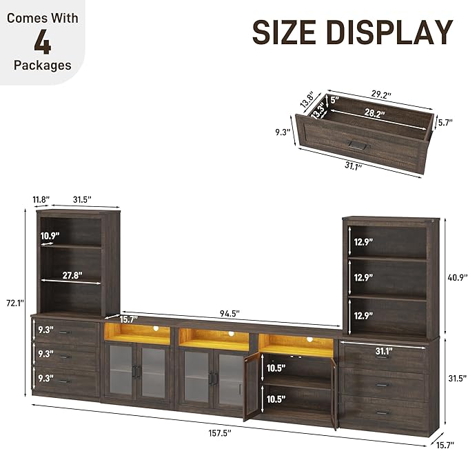 157" W 4-Piece Entertainment Center with Bookshelves for TVs up to 100", Farmhouse Wall Unit TV Stand with Doors & Drawer, Media Console Table for Living Room, Bedroom, Brown