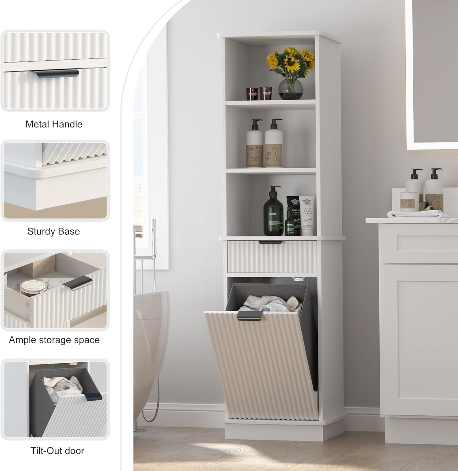 White Tilt Out Laundry Hamper Tall Bathroom Storage Cabinet Hidden Laundry Hamper Cabinet with Drawers and Baskets for Bathroom Hamper with Storage for Bedroom,16x16x59in