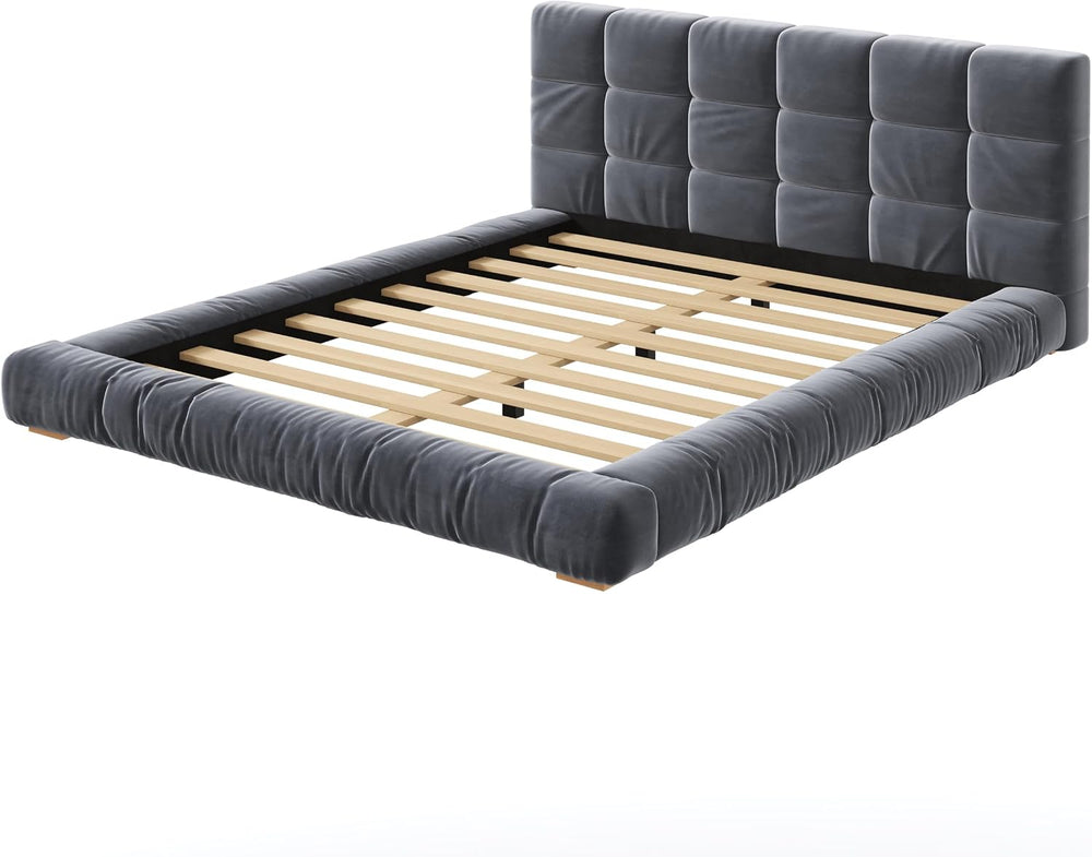 Queen Upholstered Velvet Platform Bed Frame with Tufted Headboard，Gray#03