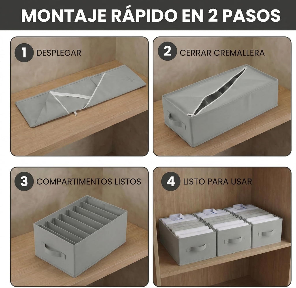 Wardrobe Organiser with Compartments for Clothes - Drawer Organiser for Wardrobe, Underwear, Socks and T-Shirts - Foldable Storage Box (3 Units - 8 Compartments - Light Grey)