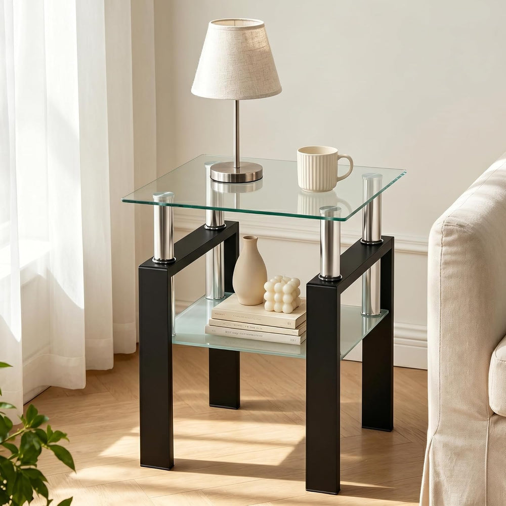 Meihua Glass End Table, Square Glass Side Table, 2-Tier Modern Nightstand wit...