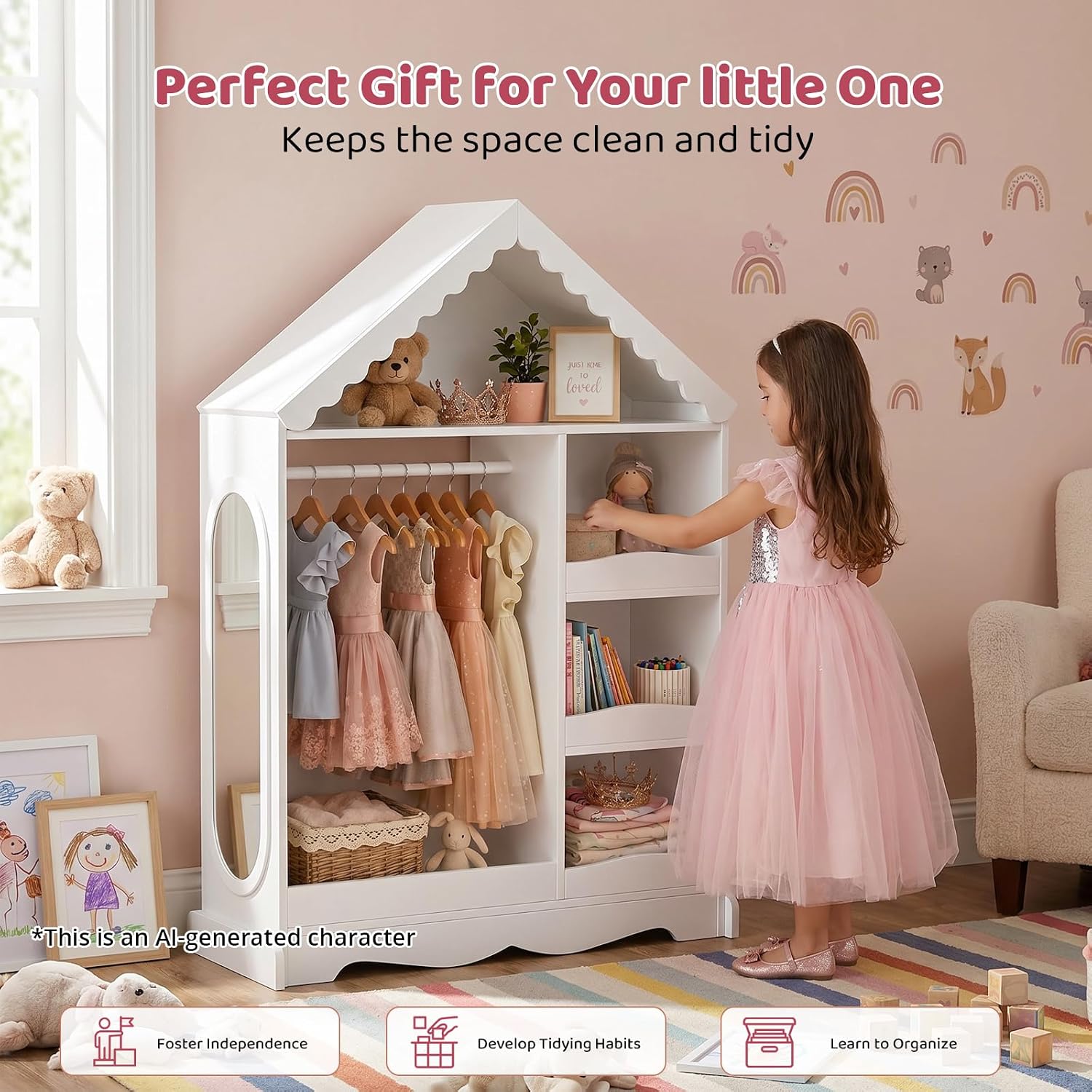 VOWNER Kids Wardrobe Closet with Mirror and Storage Shelves (White) | Dress up closet with hanging rod, shoe rack & 3 hooks, ideal for bedroom, playroom & nursery
