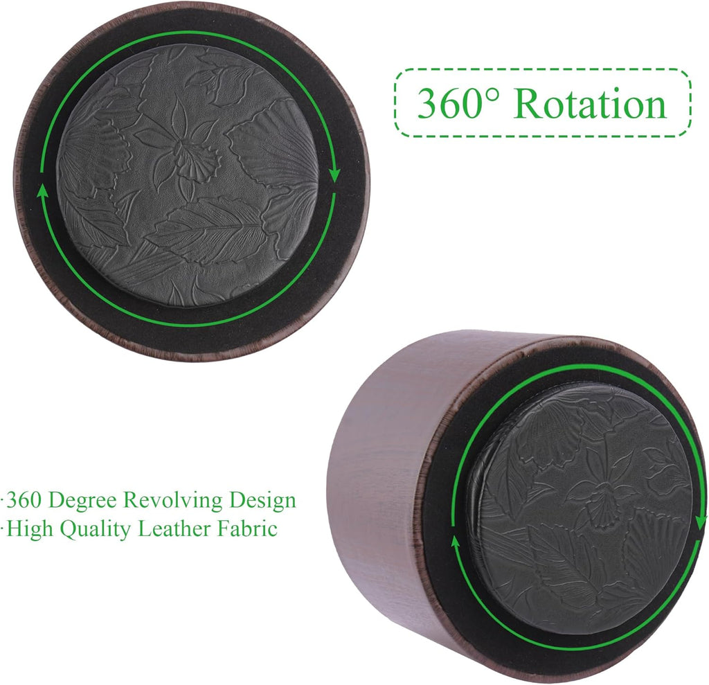 Round Leather Art Supply Organizer,Remote Control Holder,360 Degree Spinning,Multi-Functional Pencil Holder,4 Compartments Desktop Stationary Organizer(1-Thin Wood Dark Brown)