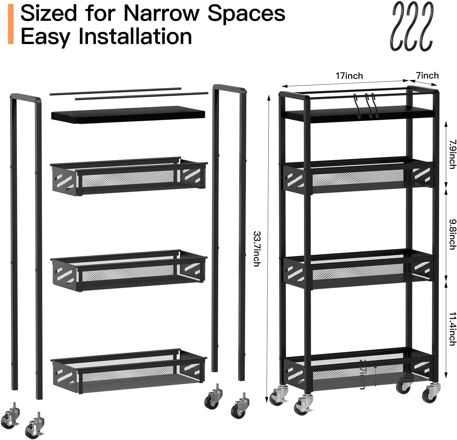 DGSNADGO Slim Rolling Storage Cart, 4-Tier Kitchen Cart on Wheels, Narrow Utility Cart with Handle and Wooden Tabletop for Small Space in Kitchen, Living Room, Bathroom, Laundry Room, Beige (Black)