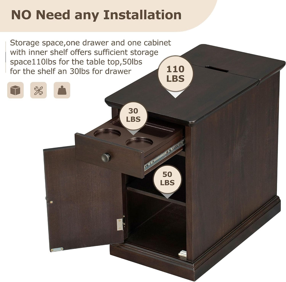 Traditional Wood End Table with Charging Station, Modern Vintage Sofa Chair S...