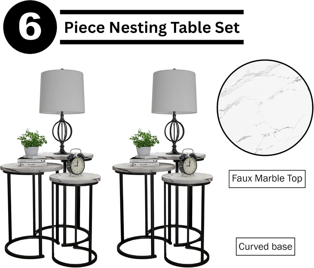 Lavish Home Round Nesting Tables Set of 6, Faux Marble Tabletop, White | 25”H...