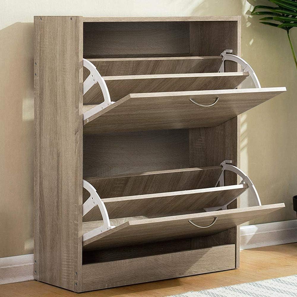 BAKAJI Shoe Rack Space Saving Melamine Wood with 2 Folding Doors and Double Depth Dimensions 60 x 24 x 83.5 cm (Beige), Unique