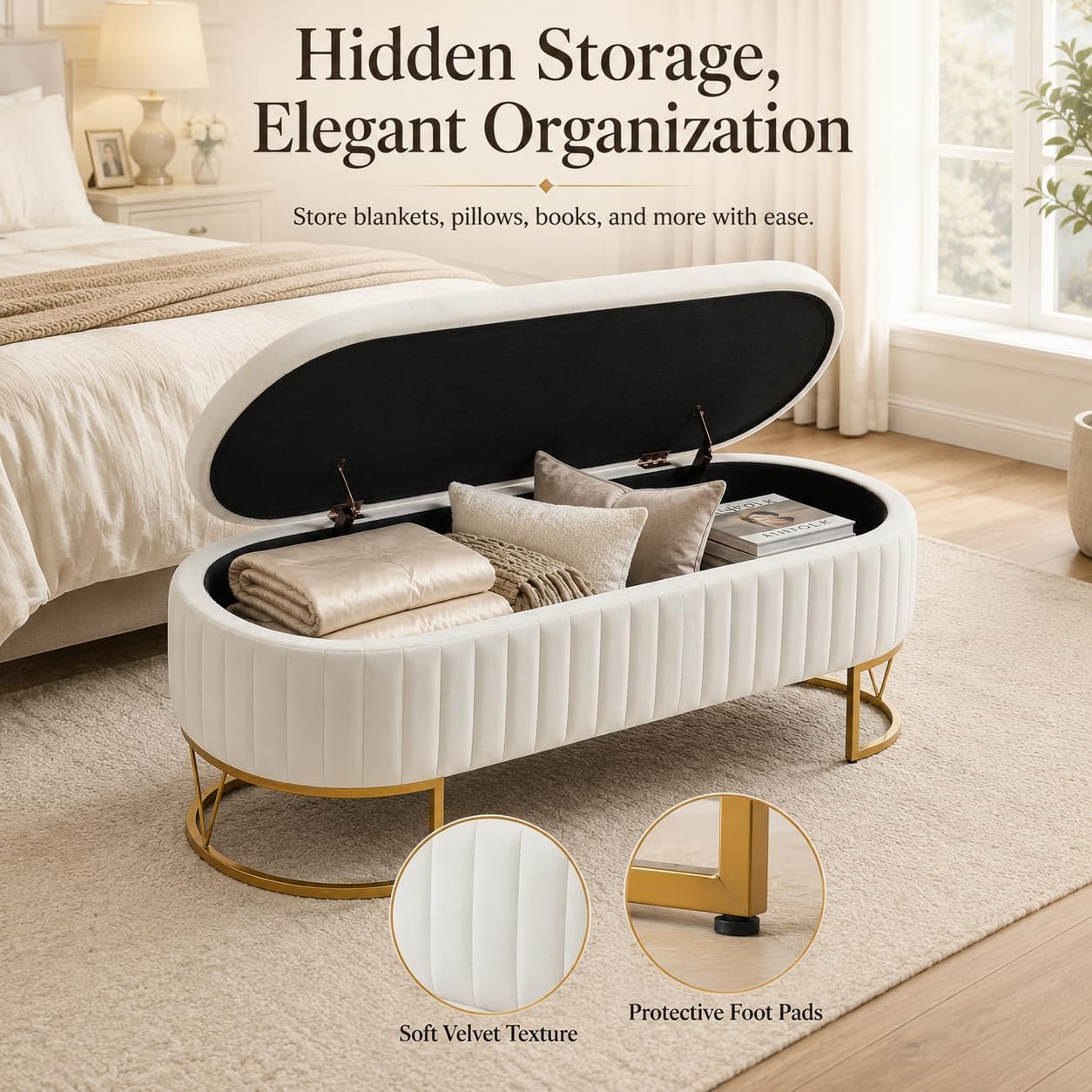 Velvet Storage Bench for Queen Size Bed, 46'' Beige Oval Ottoman, Gold Legs | Easy Assembly, Housewarming Gift, Bedroom, Living Room & Entryway