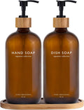 Vine Creations Amber Glass Soap Dispenser Set, Hand Soap and Dish Soap Dispenser Set with Bamboo Tray, 16 oz Glass Dispensers Bottle for Kitchen and Bathroom Decor Modern Boho with Bamboo Pump (Amber)