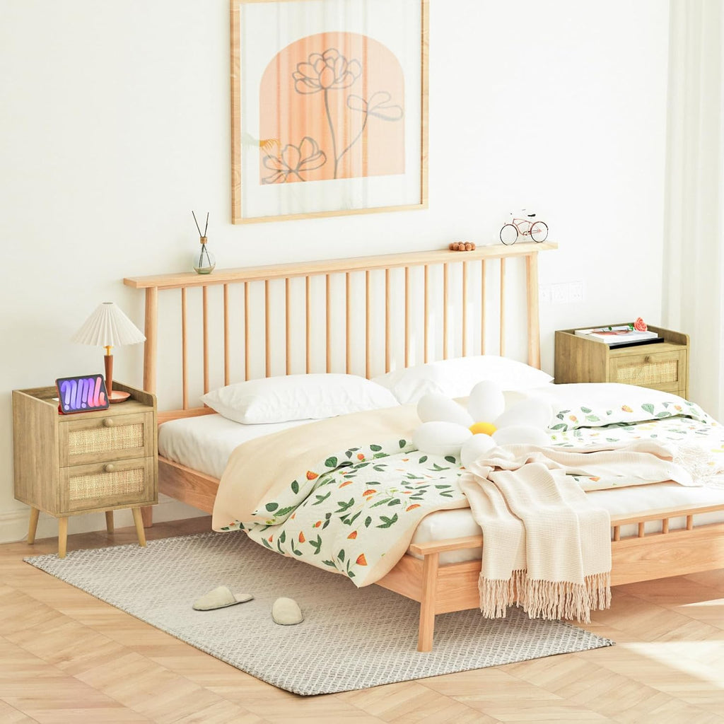 Rattan Nightstand with Charging Station, Mid Century Modern Bedside Side Table with 2 Drawers, Boho End Table with Wood Legs for Bedroom Natural Night Stand for Living Room