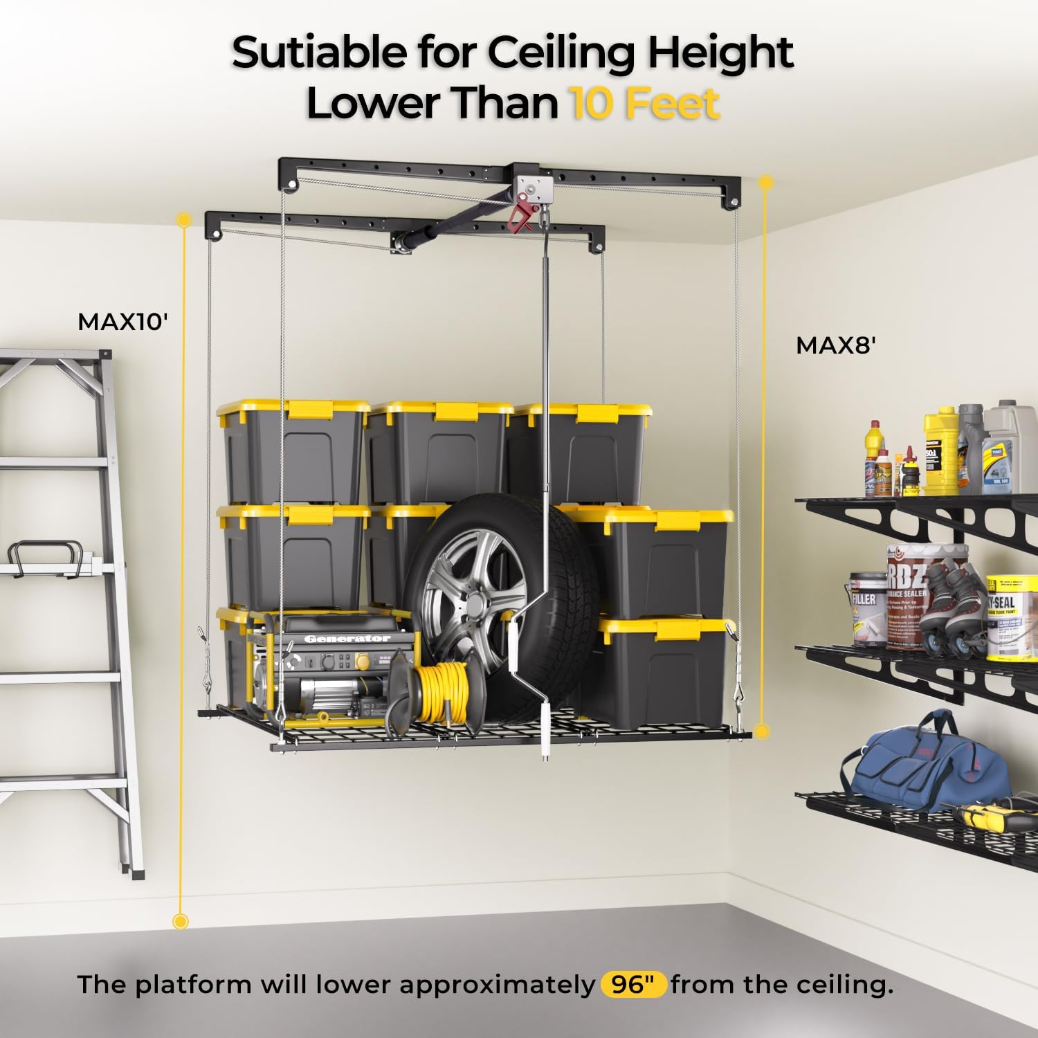 Overhead Garage Storage Rack for 8-10ft Ceiling, Heavy-duty 4x4 FT Garage Ceiling Storage Racks with Safety Lock, Ideal for Storage Mounted Lift System and Storage Organizer, 250lbs Capacity