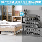 2 Pack Under Bed Shoe Storage Organizer for Closet, Fits Total 32 Pairs Foldable Underbed Shoes Containers Boxes Under the Bed Storage Bedding with Sturdy Handles&Clear Window for College Dorms, Beige