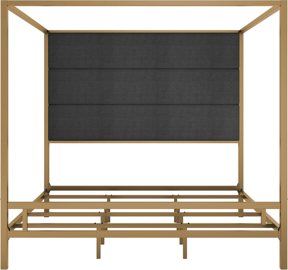 King Size Modern Gold Canopy Bed with Tall Headboard(Dark Gray+Gold, King)