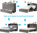 Mjkone Murphy Bed with Folding Mattress, Queen Size Cabinet Bed with USB Charging Station & Large Drawers, Cube Cabinet Beds for Guest Room, Home, Office (Grey)