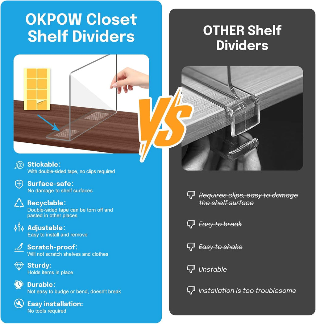OKPOW Shelf Dividers Closet Organizer - 7.5" Tall X 11.8" Deep Acrylic Clear Sturdy Separate for Clothes Purse - Adjustable Space Saver Easy Install for Home Organization Enthusiasts 12 Pack