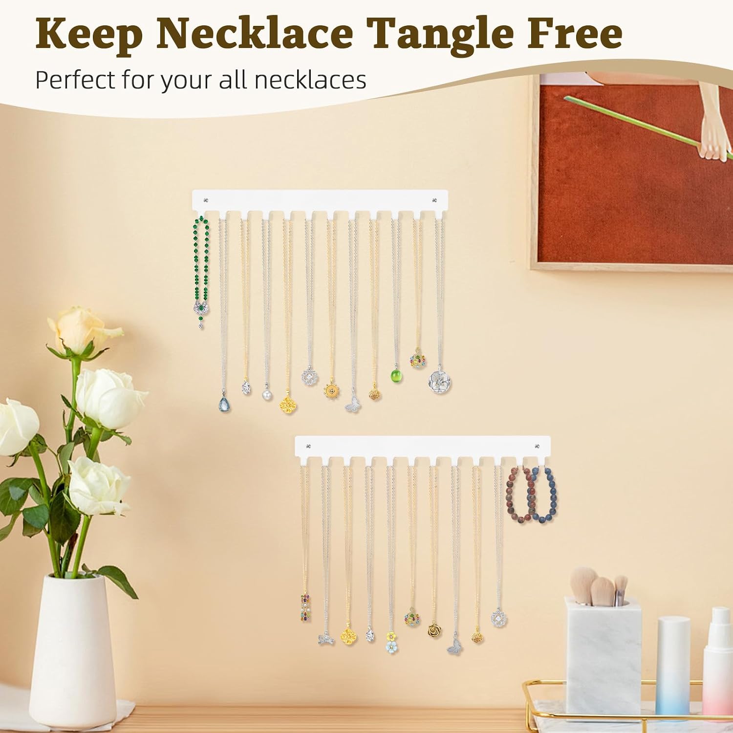 Acrylic Necklace Holder 2 Pack Wall Mounted Necklace Organizer Hanging Jewelry Organizer with 12 Hooks for Necklaces, Bracelets, Rings and Bangles Display（White）