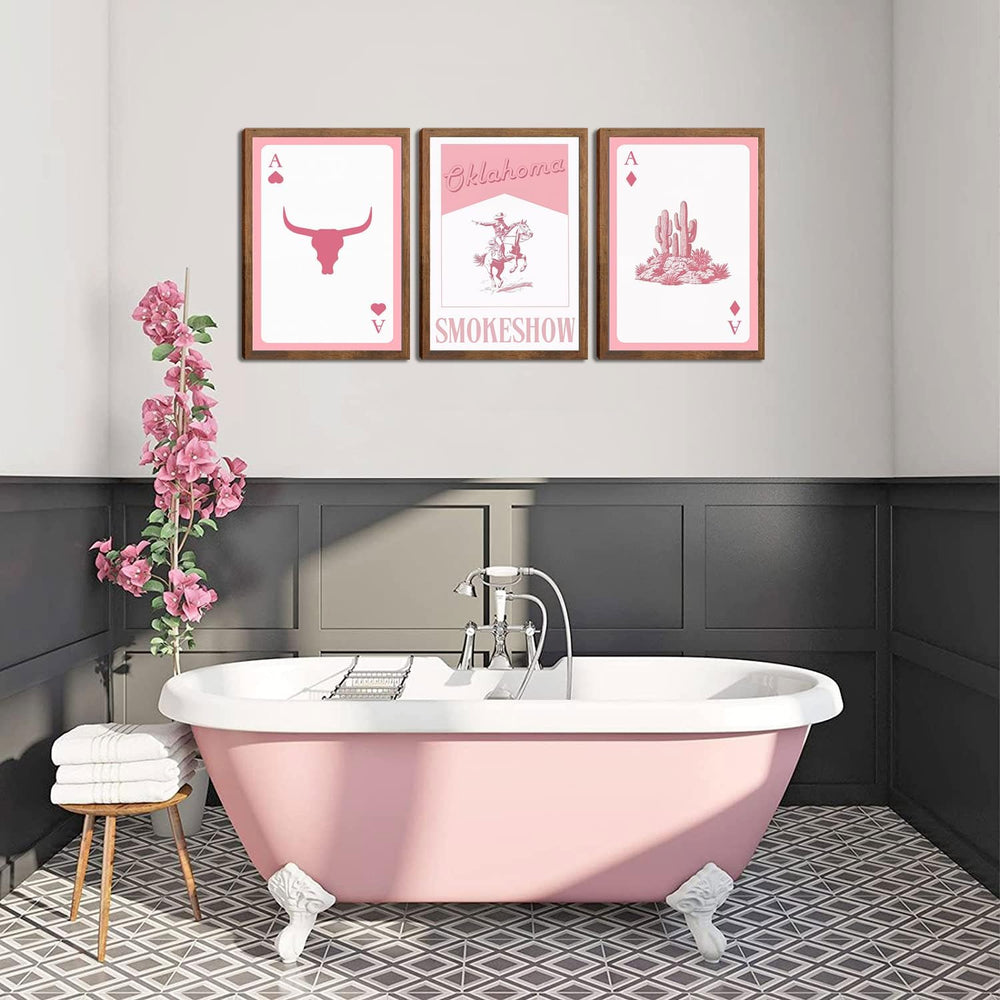 AINGMMG Pink Western Wall Art Set of 3,Framed Cowgirl Card Prints 16x24inch