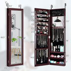 COSTWAY Full Length Mirror Jewelry Cabinet, Wall Door Mounted Jewelry Organizer with Makeup Mirror, Ring Slots and Necklace Hooks, Large Storage Jewelry Armoire for Bedroom, Dressing Room (Brown)